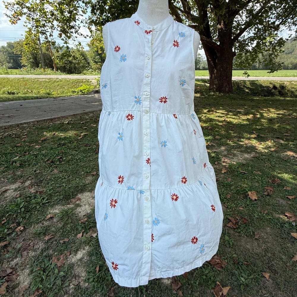 Madewell White Embroidered Floral Daisy Tiered Button Front Mini Dress Large